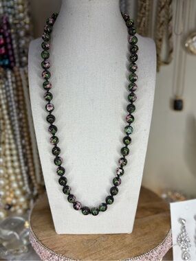 Vintage Cloisonné Necklace Floral Enamel Beaded Hand Knotted Black Pink Jewelry